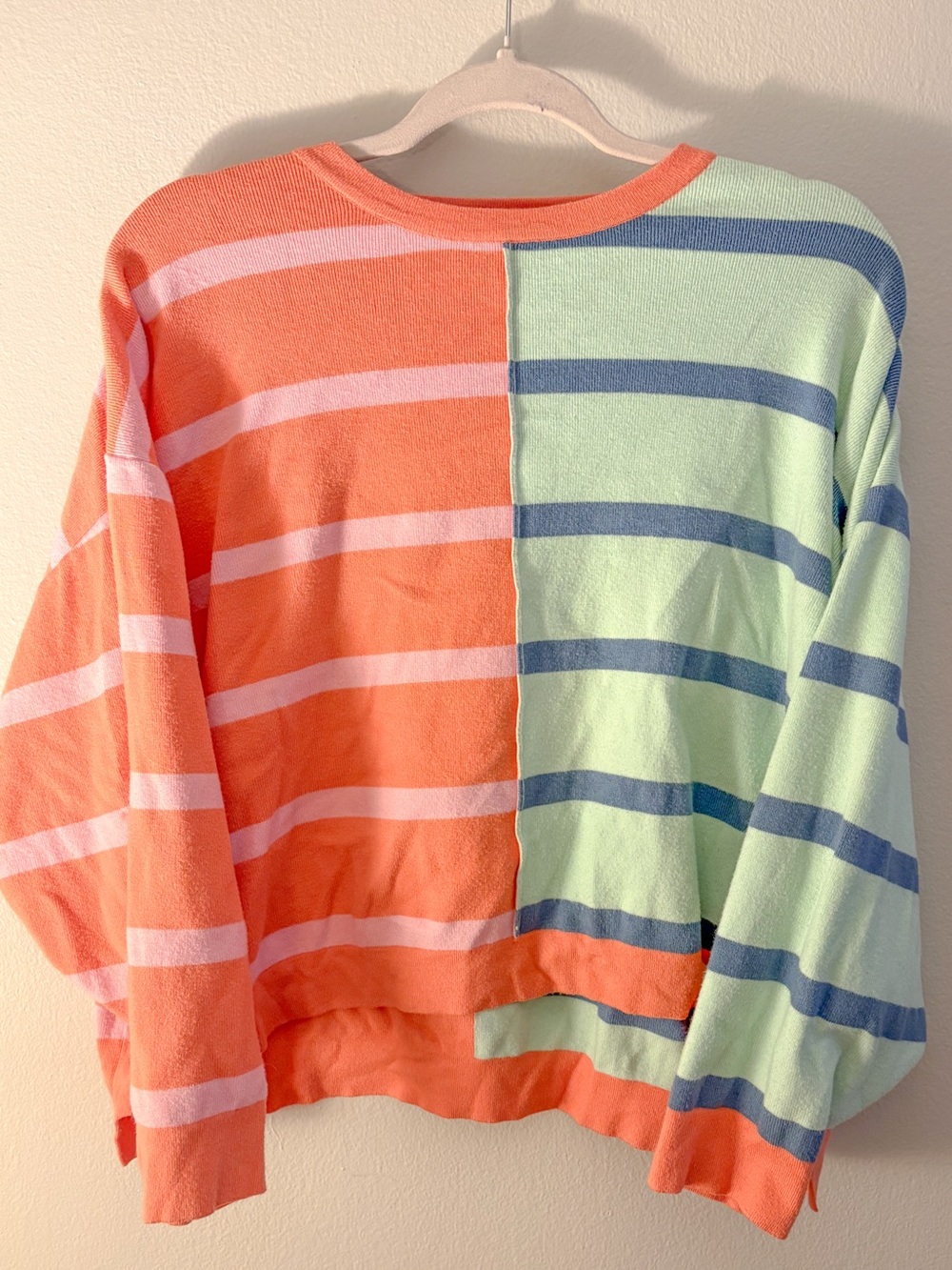 Colorblock Striped Crewneck Sweater in Orange & Mint